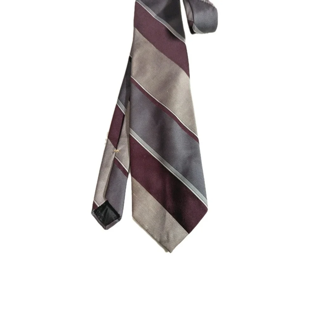 Vintage Wembley WemSilk Tie Mens Burgundy Grey Silver Striped Silk Blend Retro